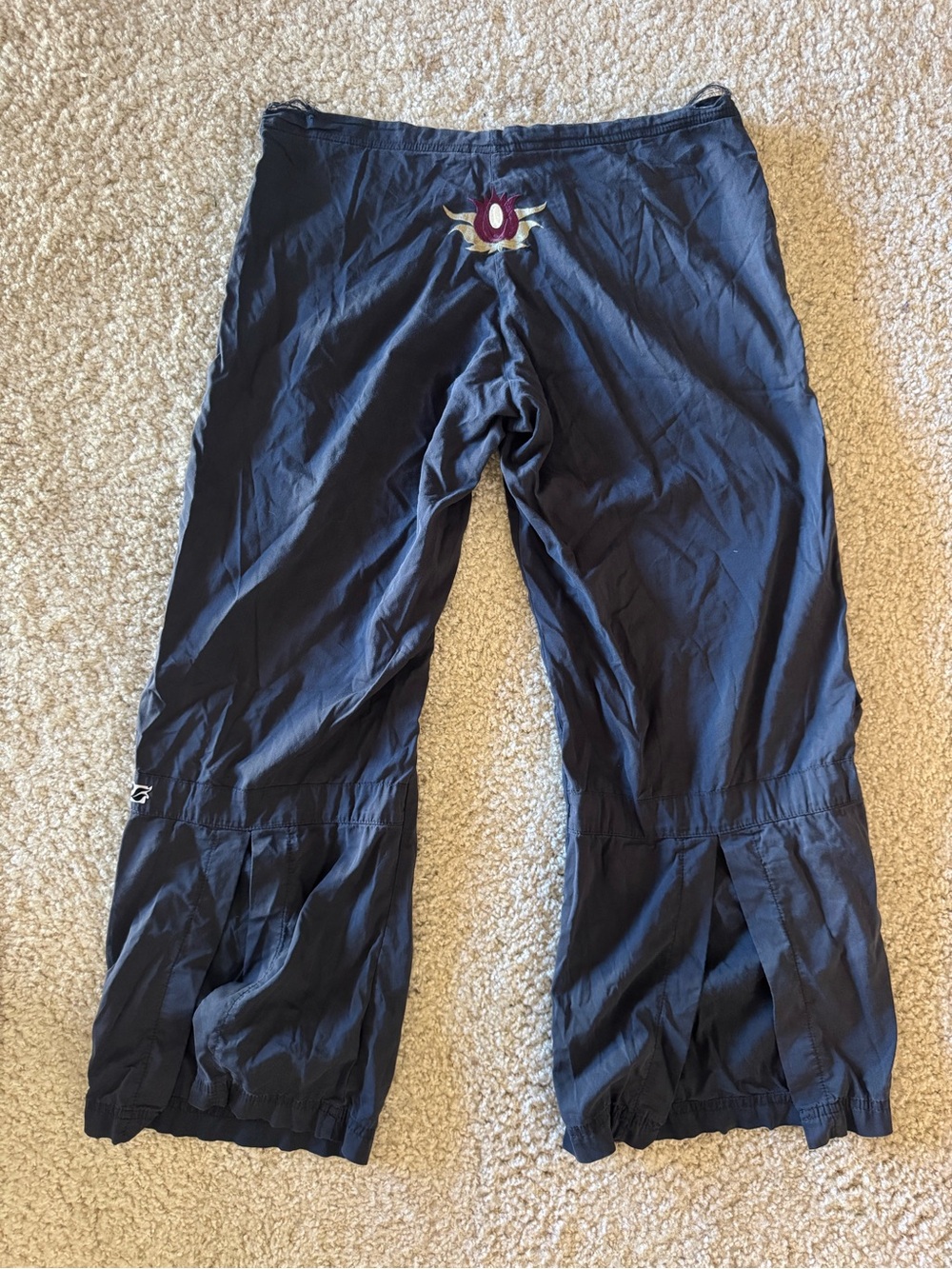 Be Present Y2K Yoga Pants Womens M Navy Embroidered Lotus Wide Leg Made USA